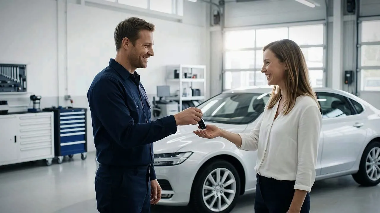 A dealer handing car keys to a smiling customer in a bright showroom.