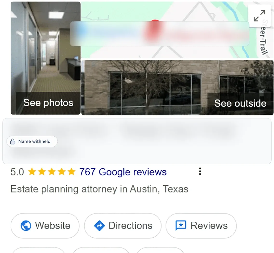 Google Business Profile after: an estate planning attorney in Austin, TX, 5.0 stars from 767 reviews. Business name withheld.