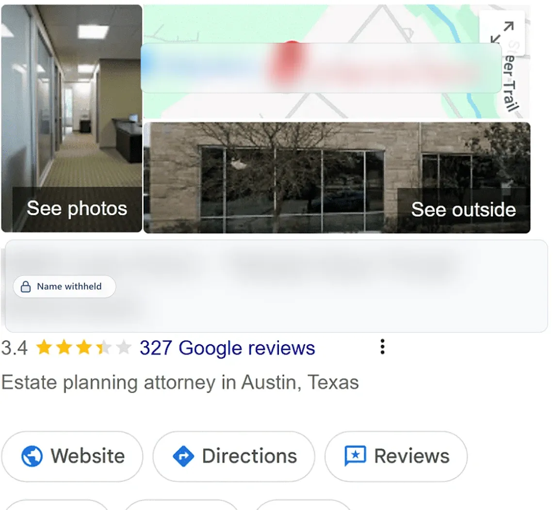Google Business Profile before: an estate planning attorney in Austin, TX, 3.4 stars from 327 reviews. Business name withheld.