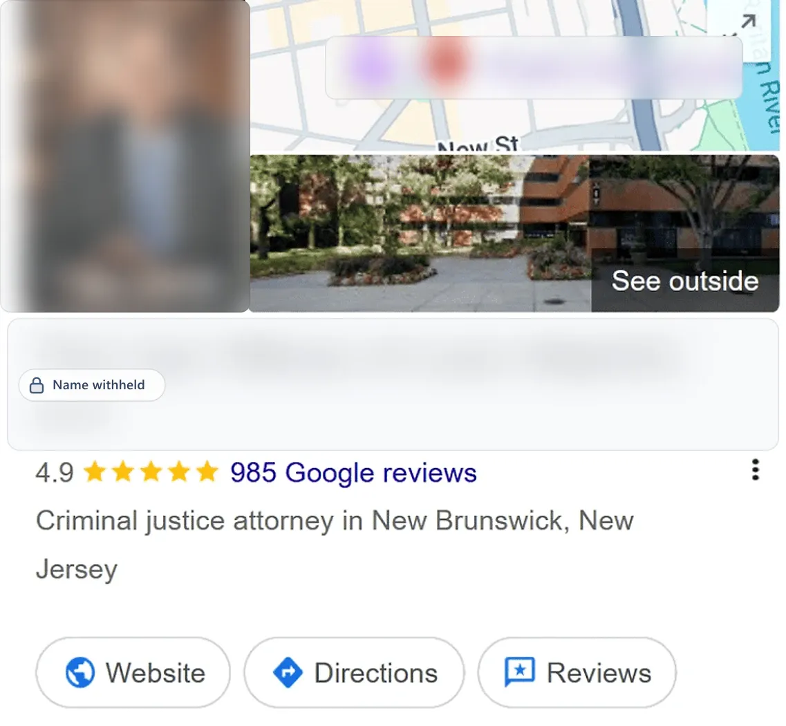 Google Business Profile after: a criminal justice attorney in New Brunswick, NJ, 4.9 stars from 985 reviews. Business name withheld.
