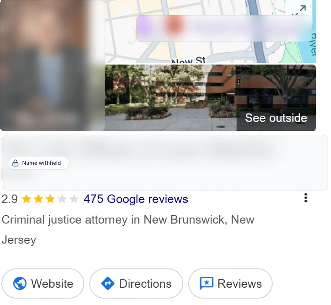 Google Business Profile before: a criminal justice attorney in New Brunswick, NJ, 2.9 stars from 475 reviews. Business name withheld.