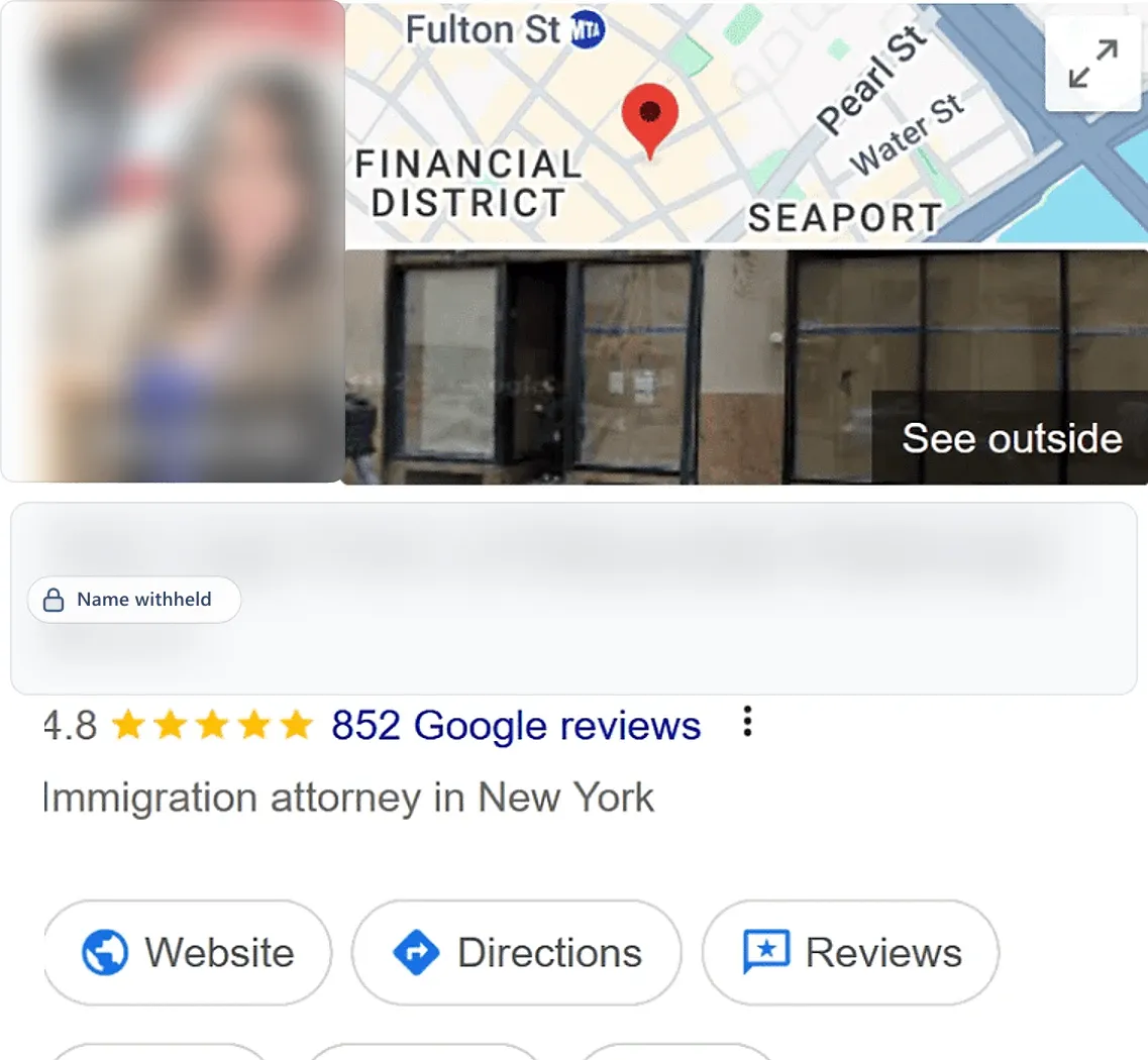Google Business Profile after: an immigration attorney in New York, NY, 4.8 stars from 852 reviews. Business name withheld.