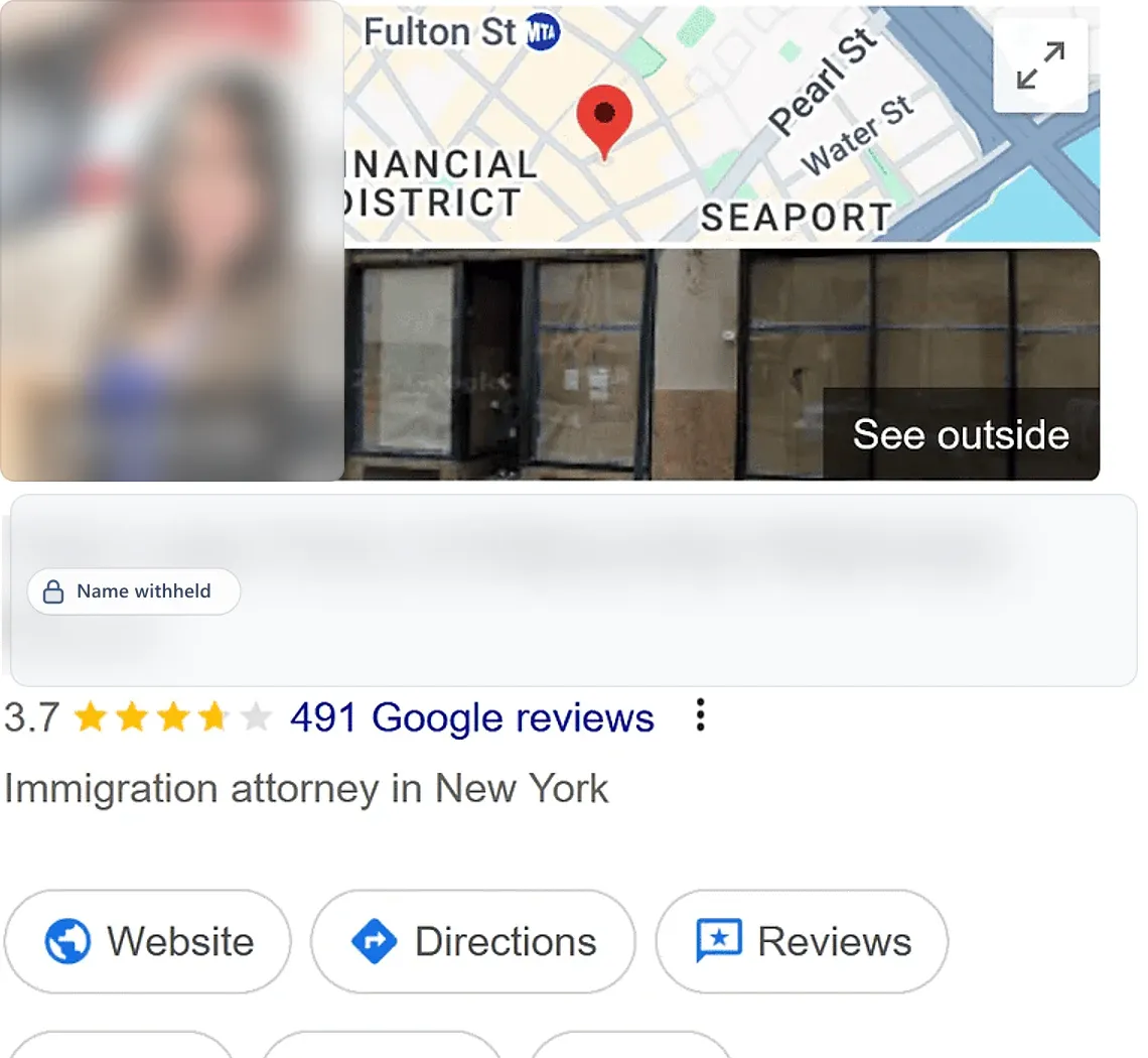 Google Business Profile before: an immigration attorney in New York, NY, 3.7 stars from 491 reviews. Business name withheld.