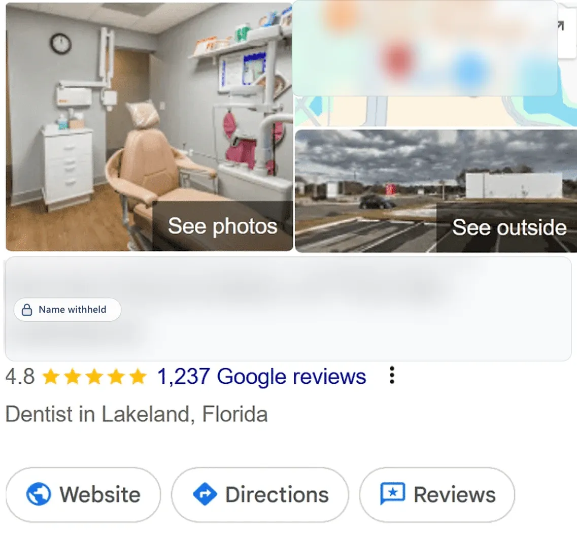 Google Business Profile after: a dentist in Lakeland, FL, 4.8 stars from 1,237 reviews. Business name withheld.