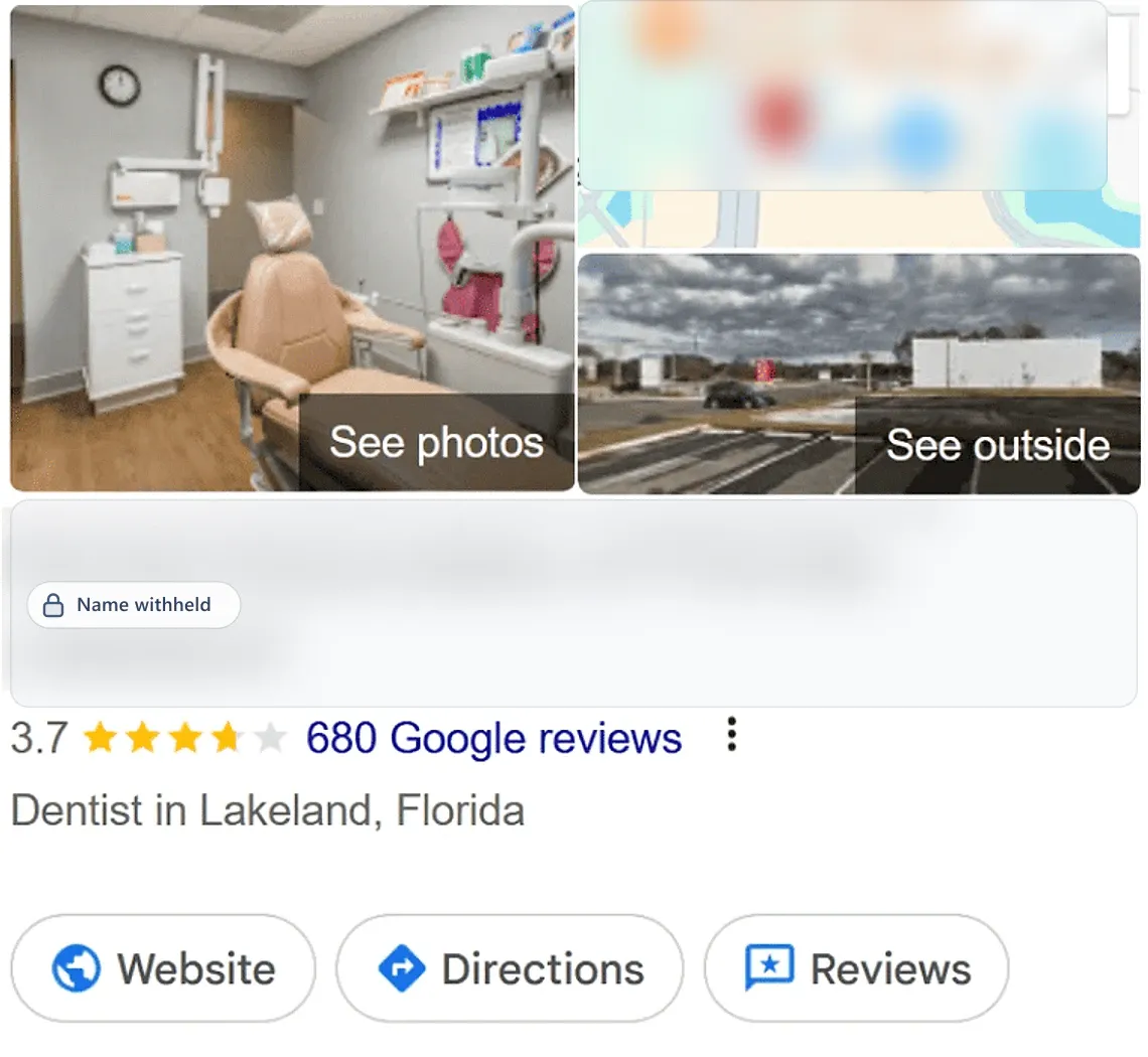 Google Business Profile before: a dentist in Lakeland, FL, 3.7 stars from 680 reviews. Business name withheld.