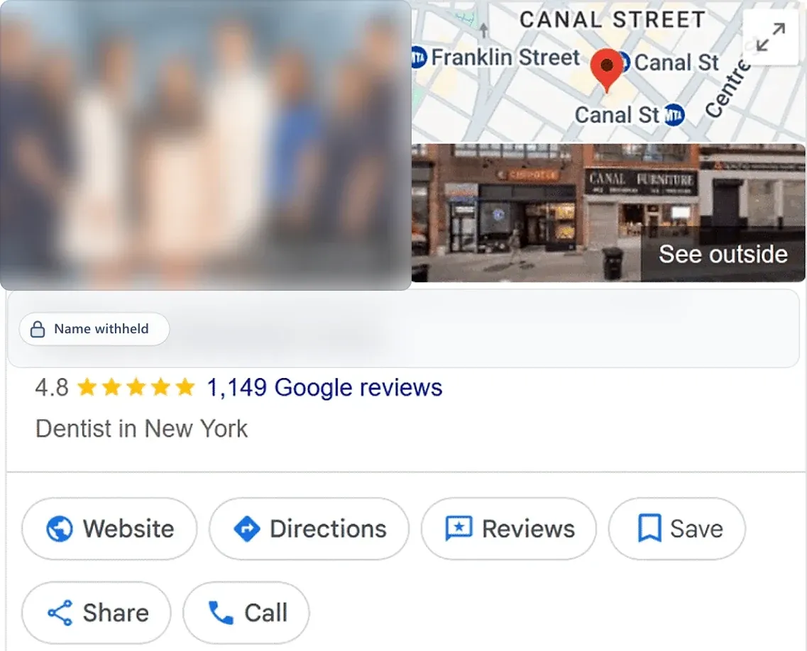 Google Business Profile after: a dentist in New York, NY, 4.8 stars from 1,149 reviews. Business name withheld.
