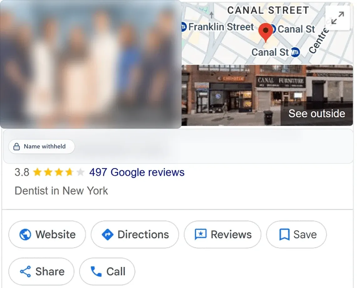 Google Business Profile before: a dentist in New York, NY, 3.8 stars from 497 reviews. Business name withheld.