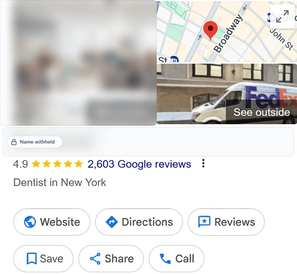 Google Business Profile after: a dentist in New York, NY, 4.9 stars from 2,603 reviews. Business name withheld.