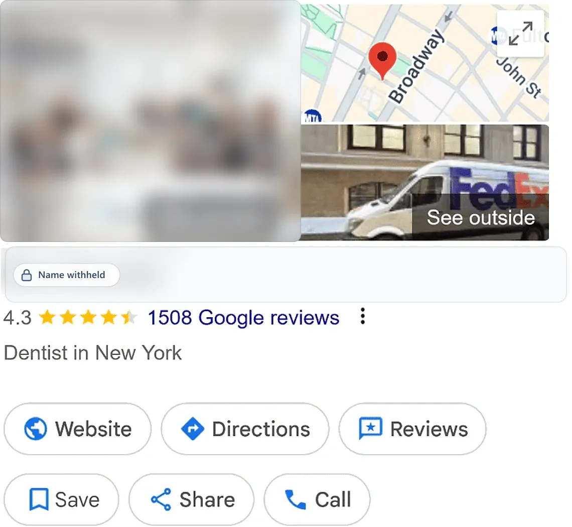 Google Business Profile before: a dentist in New York, NY, 4.3 stars from 1,508 reviews. Business name withheld.