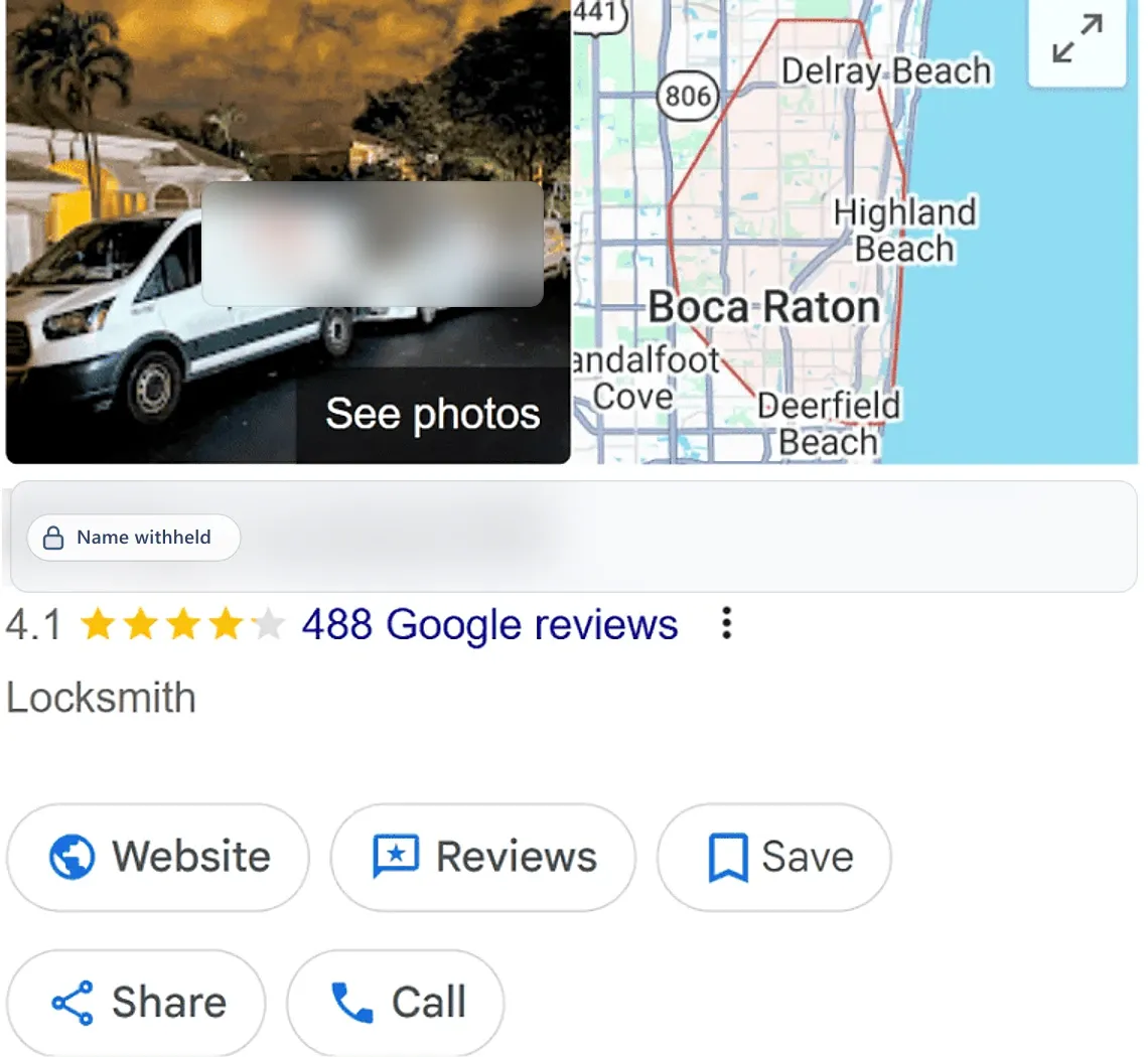 Google Business Profile before: a locksmith, 4.1 stars from 488 reviews. Business name withheld.
