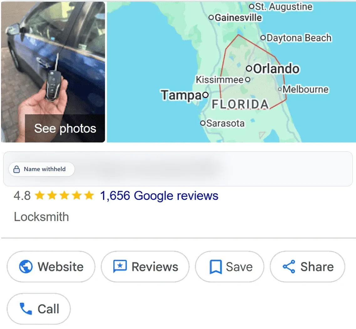 Google Business Profile after: a locksmith, 4.8 stars from 1,656 reviews. Business name withheld.