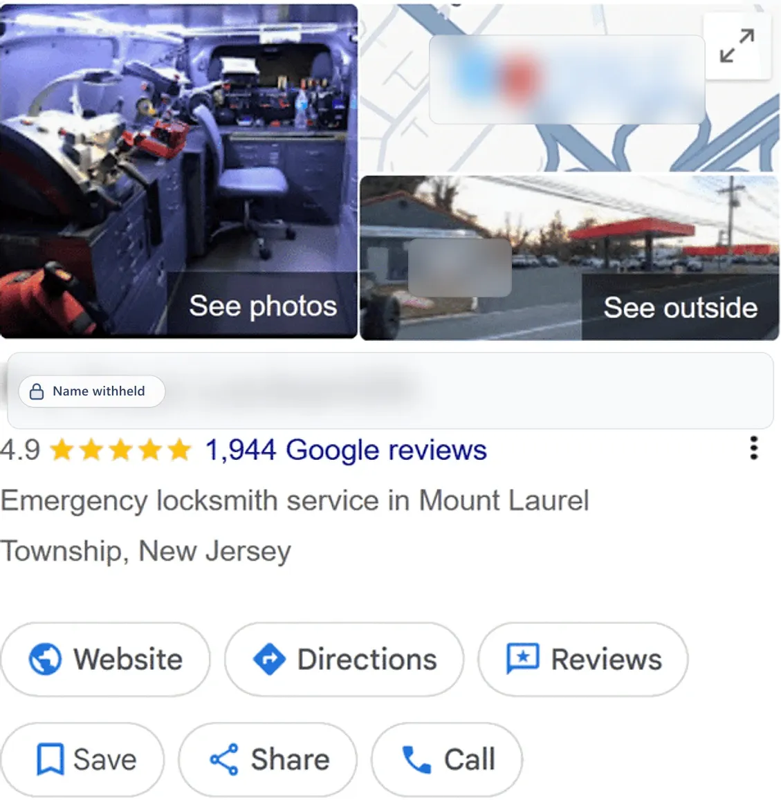 Google Business Profile after: an emergency locksmith service in Mount Laurel Township, NJ, 4.9 stars from 1,944 reviews. Business name withheld.