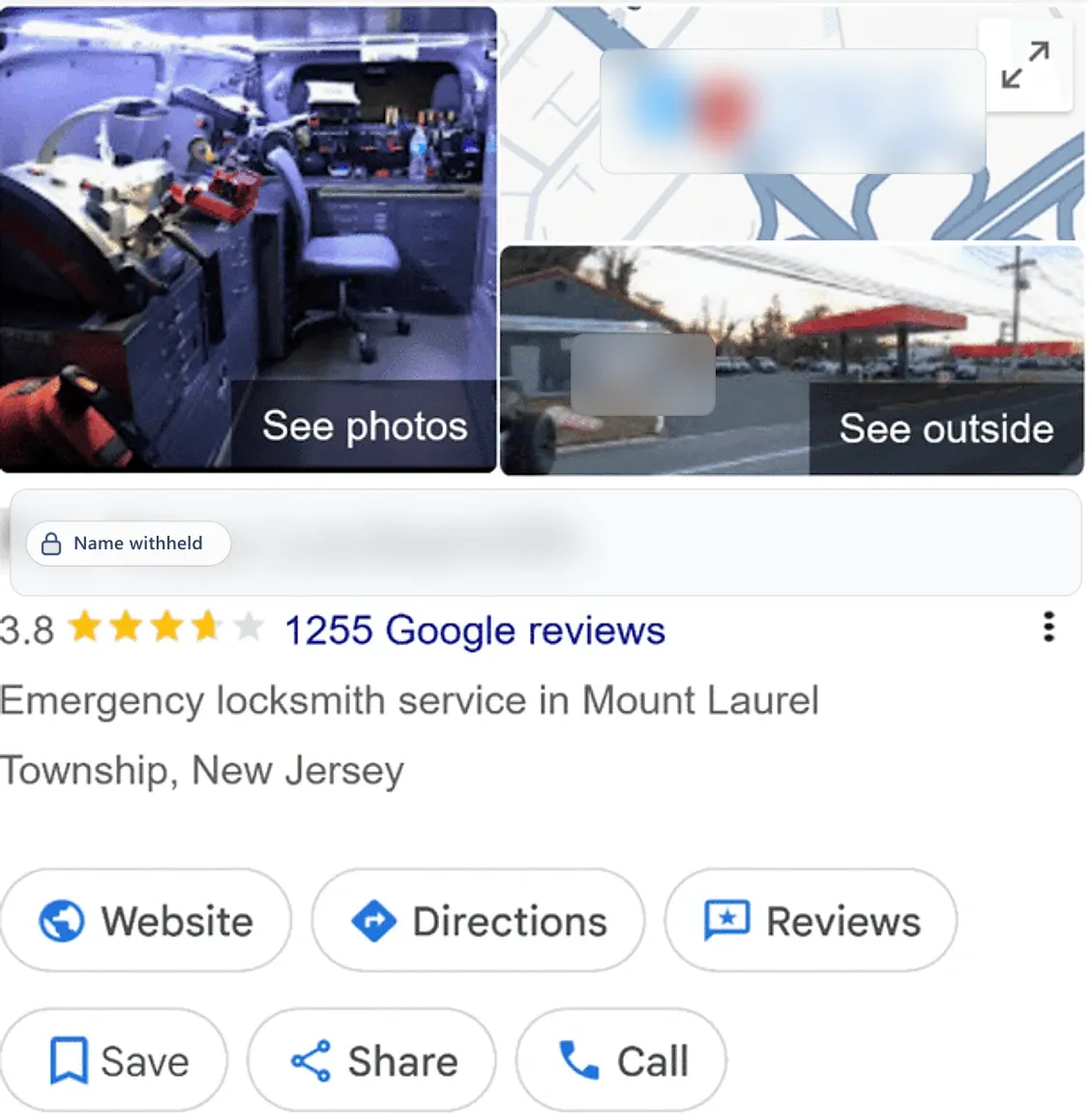 Google Business Profile before: an emergency locksmith service in Mount Laurel Township, NJ, 3.8 stars from 1,255 reviews. Business name withheld.