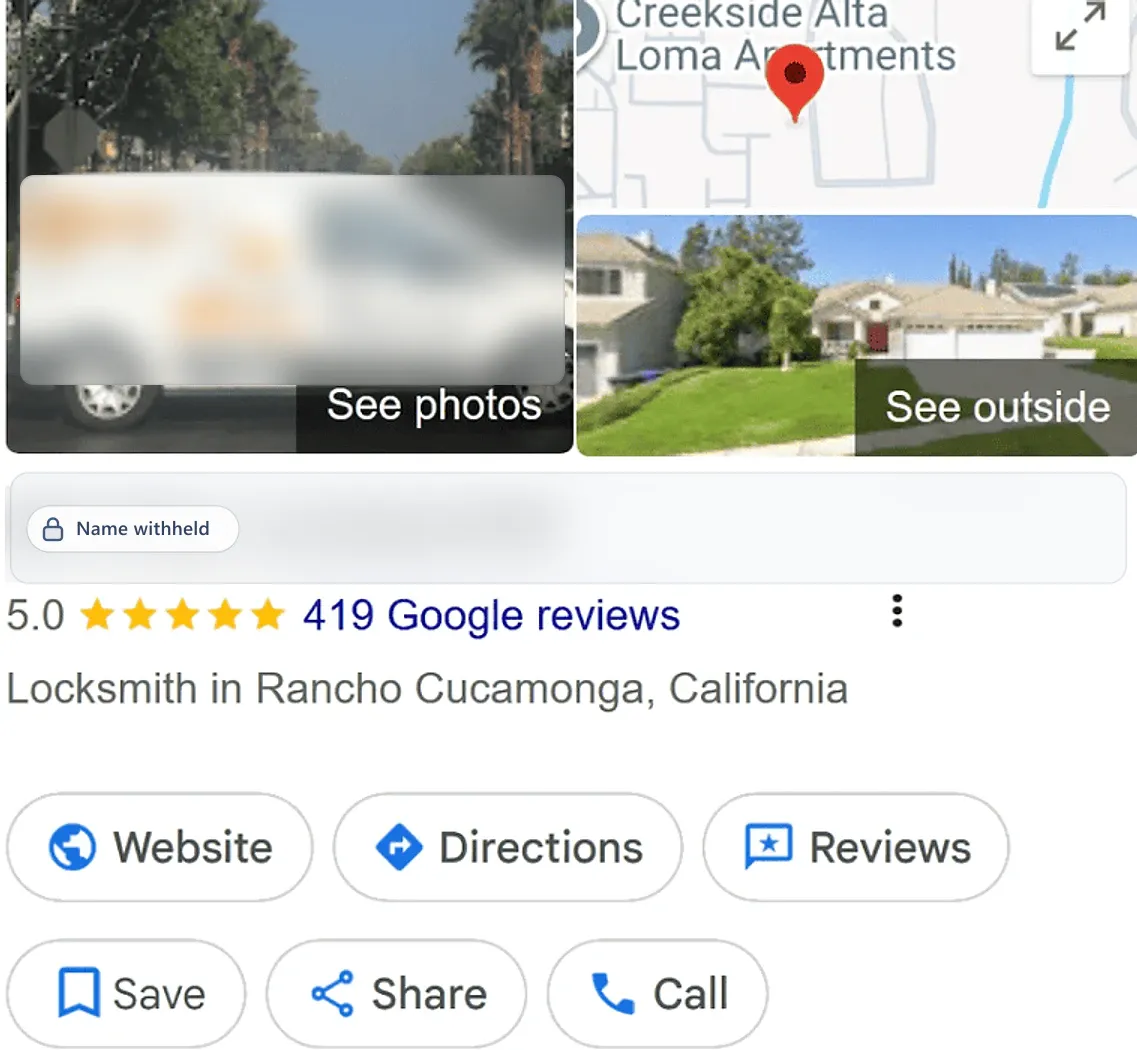 Google Business Profile after: a locksmith in Rancho Cucamonga, CA, 5.0 stars from 419 reviews. Business name withheld.
