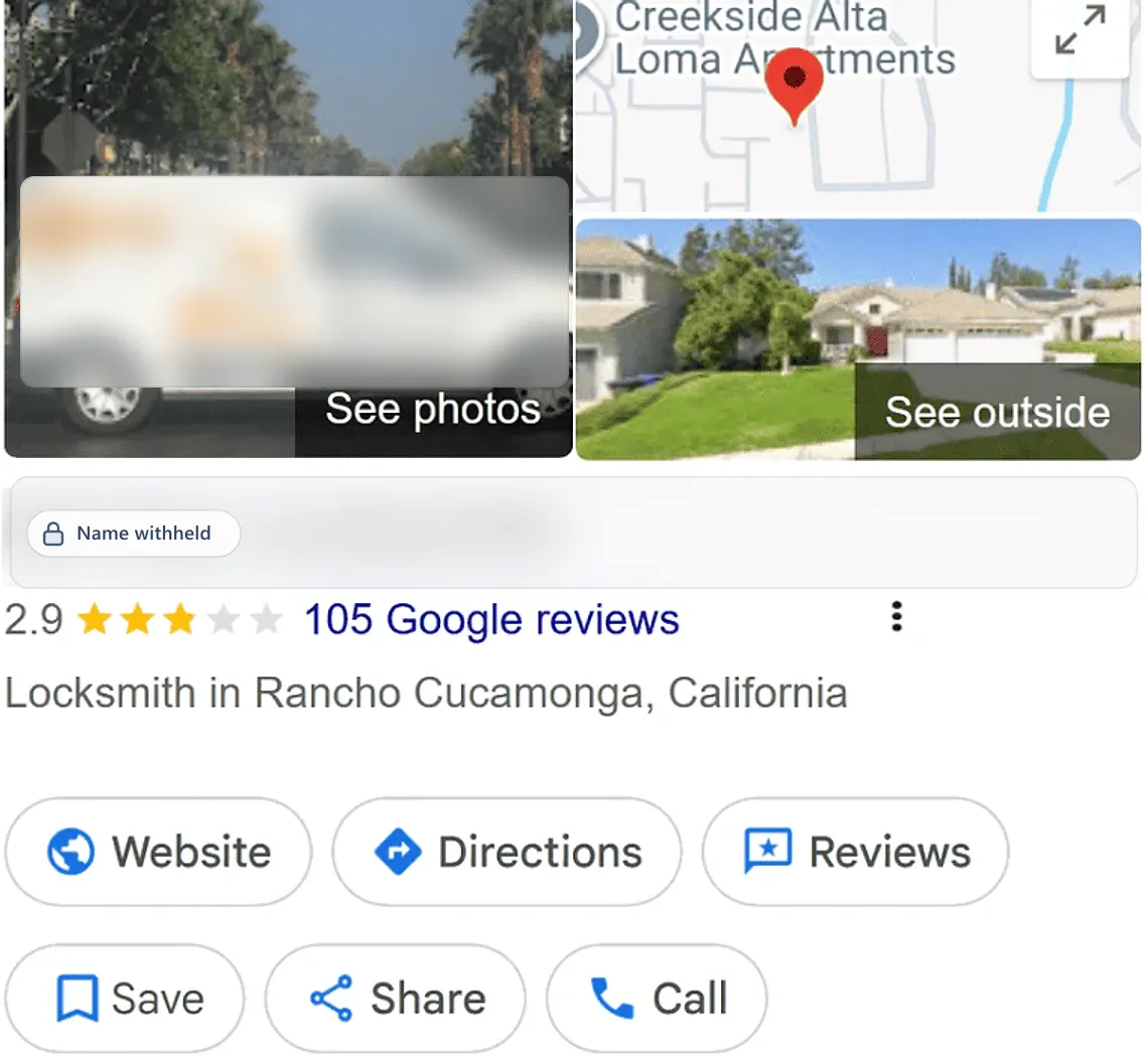 Google Business Profile before: a locksmith in Rancho Cucamonga, CA, 2.9 stars from 105 reviews. Business name withheld.