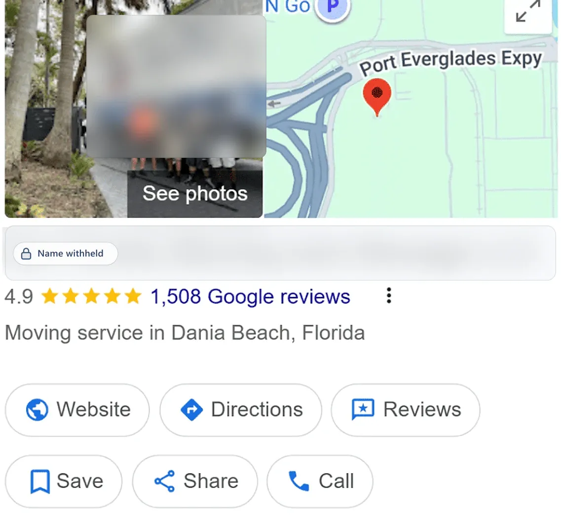 Google Business Profile after: a moving service in Dania Beach, FL, 4.9 stars from 1,508 reviews. Business name withheld.