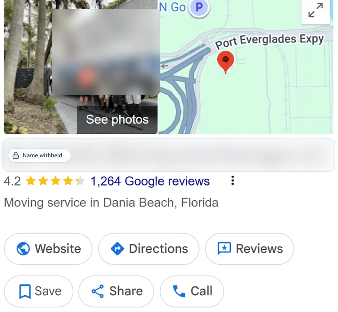 Google Business Profile before: a moving service in Dania Beach, FL, 4.2 stars from 1,264 reviews. Business name withheld.