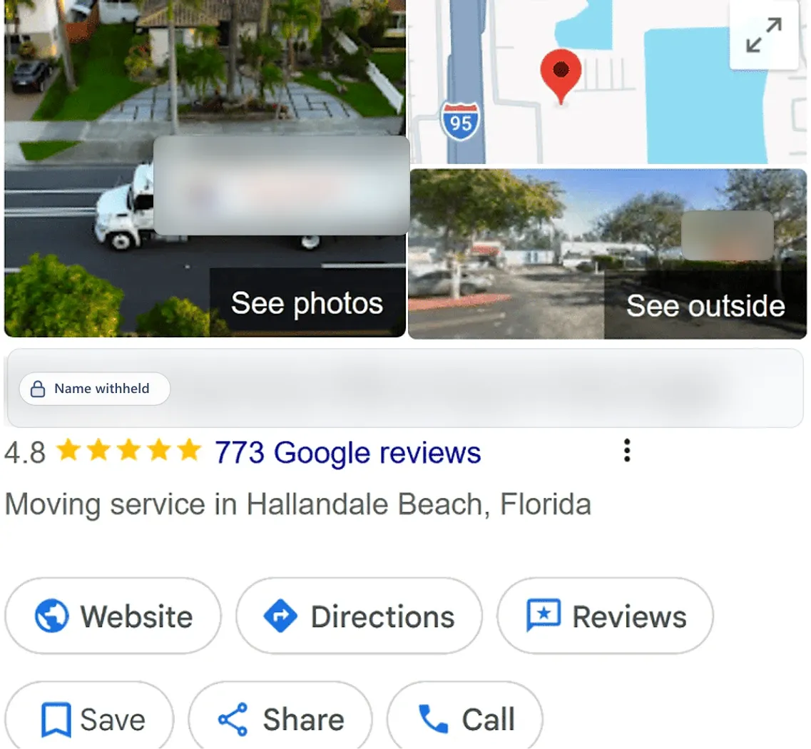 Google Business Profile after: a moving service in Hallandale Beach, FL, 4.8 stars from 773 reviews. Business name withheld.