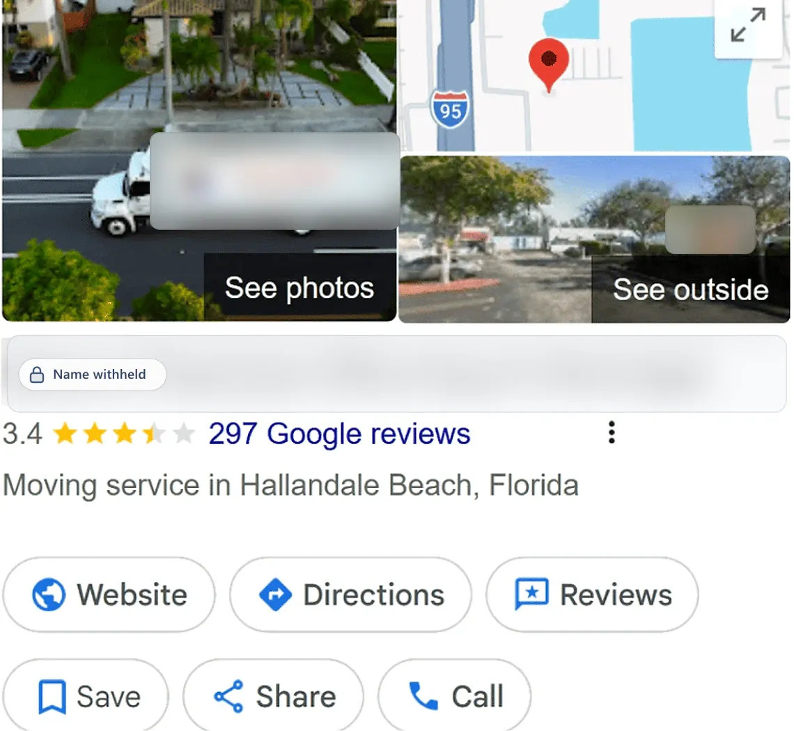 Google Business Profile before: a moving service in Hallandale Beach, FL, 3.4 stars from 297 reviews. Business name withheld.