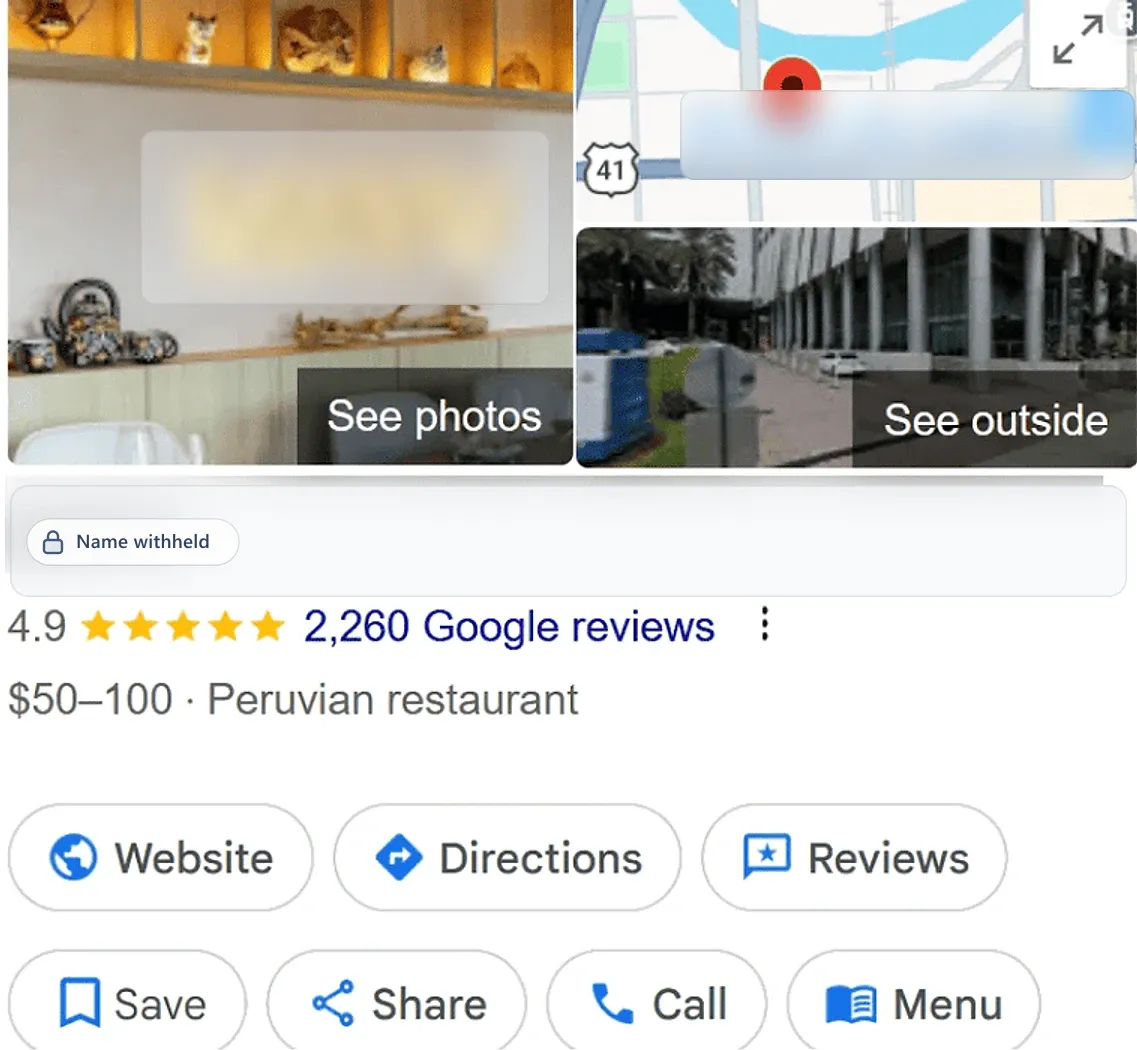 Google Business Profile after: a peruvian restaurant, 4.9 stars from 2,260 reviews. Business name withheld.