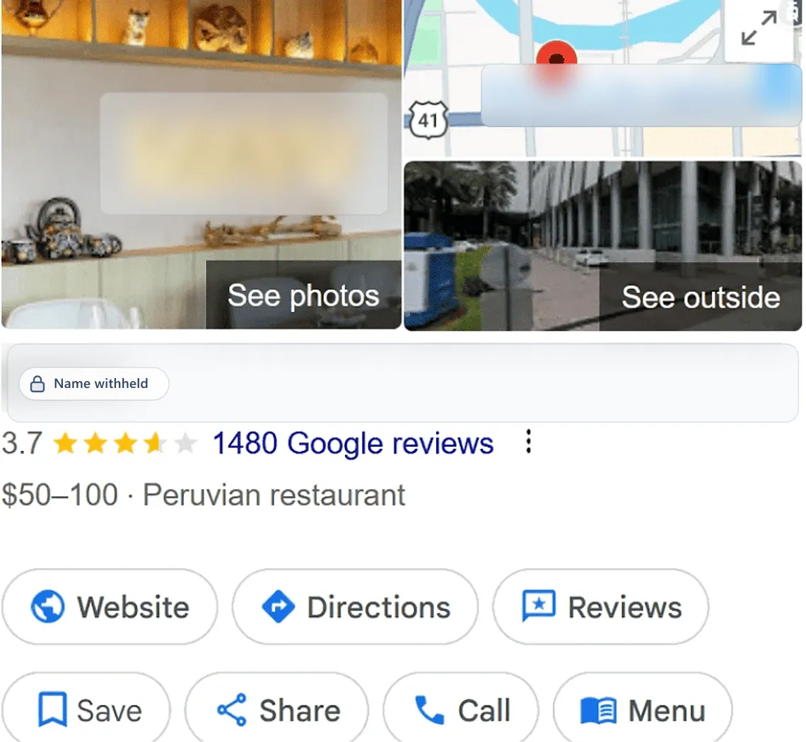 Google Business Profile before: a peruvian restaurant, 3.7 stars from 1,480 reviews. Business name withheld.