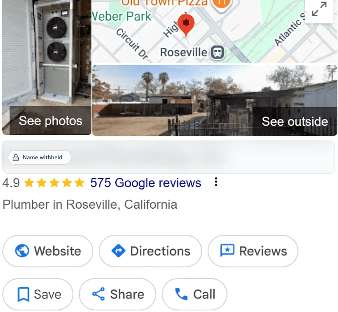 Google Business Profile after: a plumber in Roseville, CA, 4.9 stars from 575 reviews. Business name withheld.