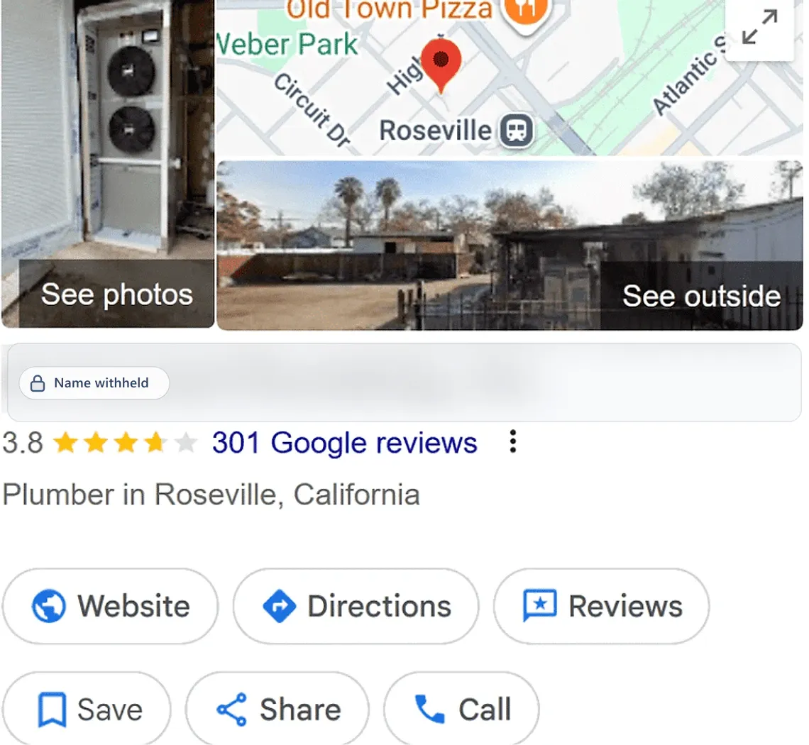 Google Business Profile before: a plumber in Roseville, CA, 3.8 stars from 301 reviews. Business name withheld.