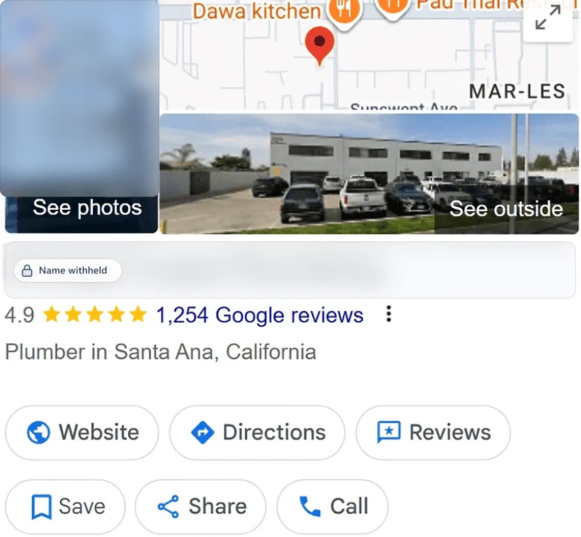 Google Business Profile after: a plumber in Santa Ana, CA, 4.9 stars from 1,254 reviews. Business name withheld.