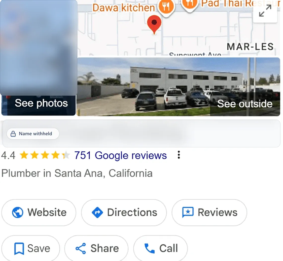 Google Business Profile before: a plumber in Santa Ana, CA, 4.4 stars from 751 reviews. Business name withheld.