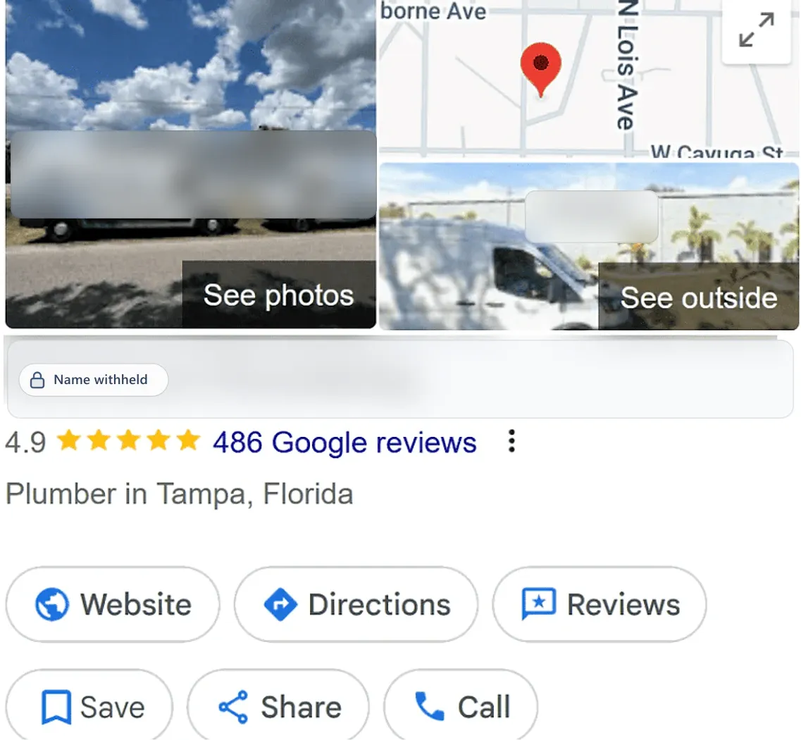 Google Business Profile after: a plumber in Tampa, FL, 4.9 stars from 486 reviews. Business name withheld.