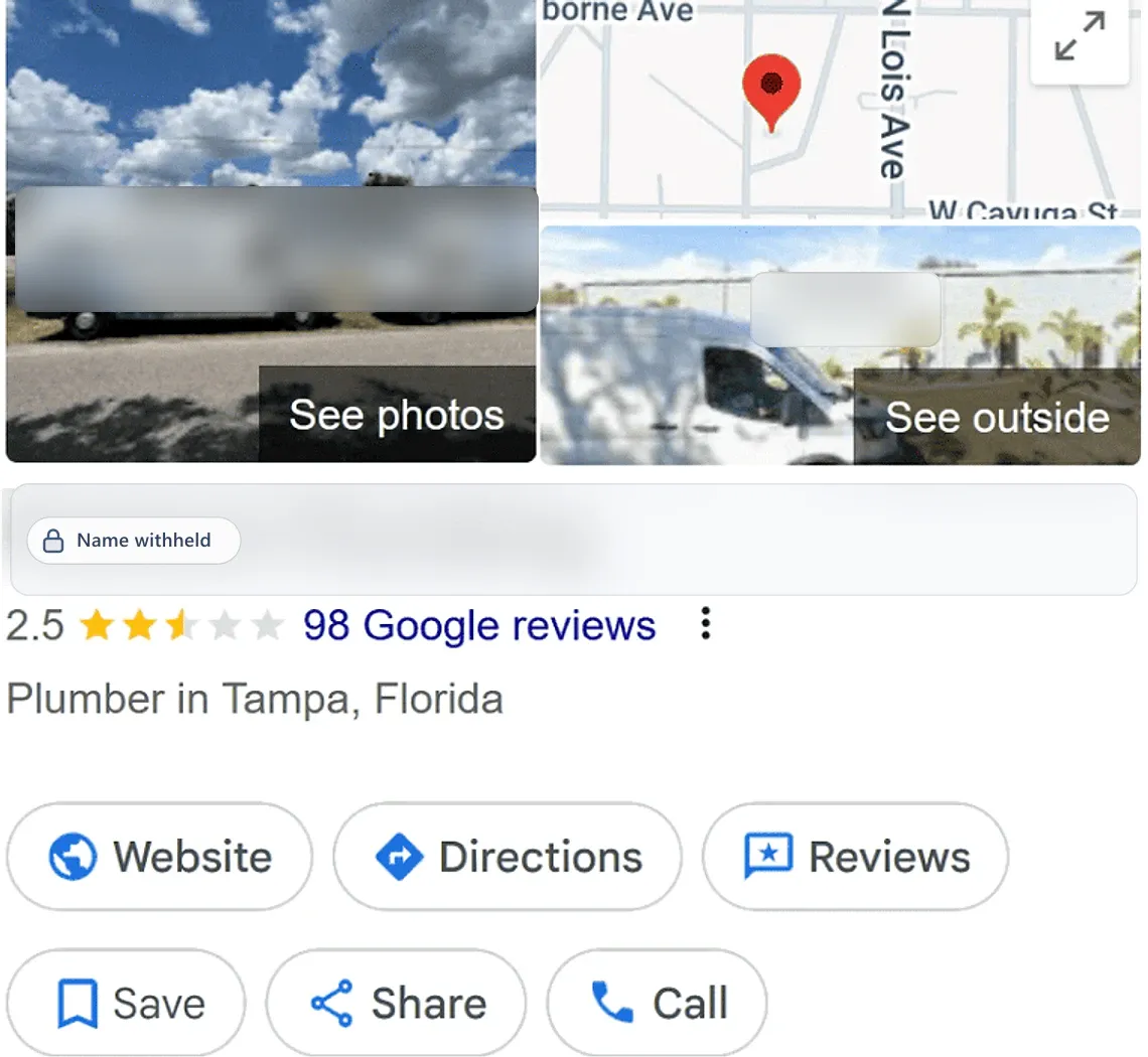 Google Business Profile before: a plumber in Tampa, FL, 2.5 stars from 98 reviews. Business name withheld.