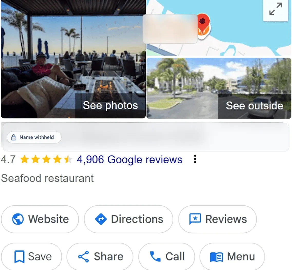 Google Business Profile after: a seafood restaurant, 4.7 stars from 4,906 reviews. Business name withheld.