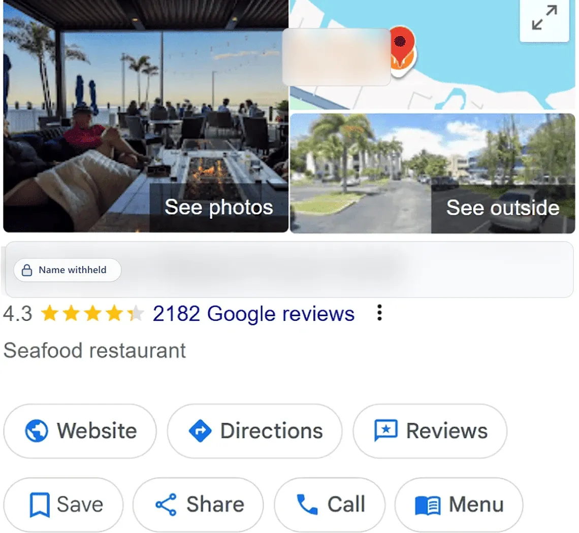 Google Business Profile before: a seafood restaurant, 4.3 stars from 2,182 reviews. Business name withheld.