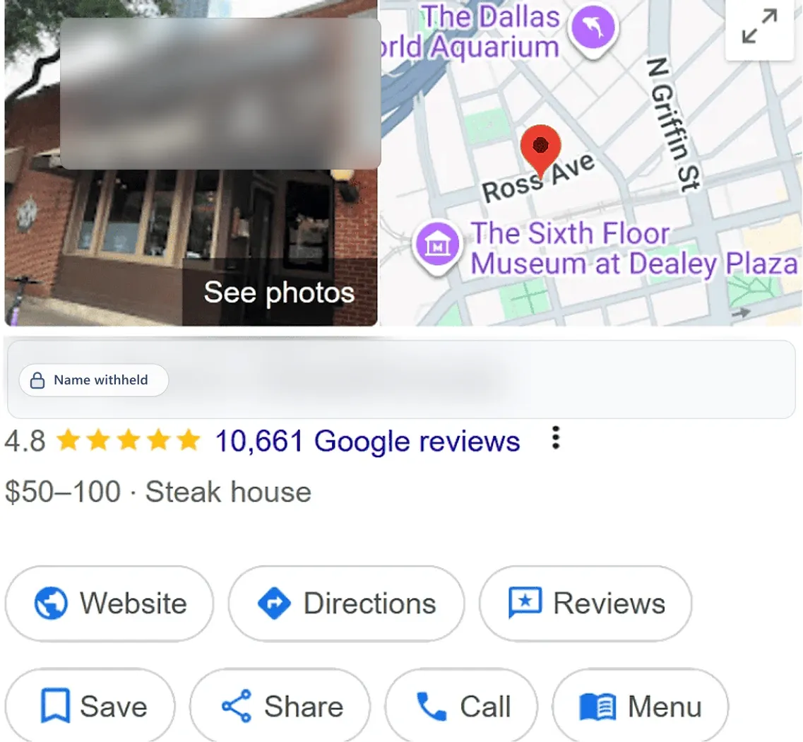 Google Business Profile after: a steak house, 4.8 stars from 10,661 reviews. Business name withheld.