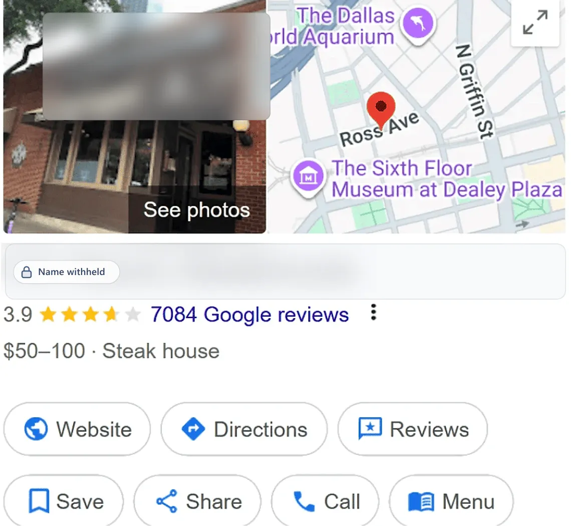 Google Business Profile before: a steak house, 3.9 stars from 7,084 reviews. Business name withheld.