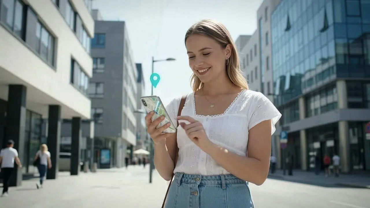 A smiling woman checking her phone on a city street lined with glass buildings.
